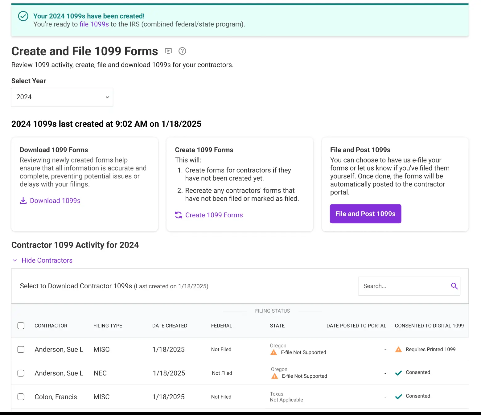 example of 1099 user interface in Patriot Software